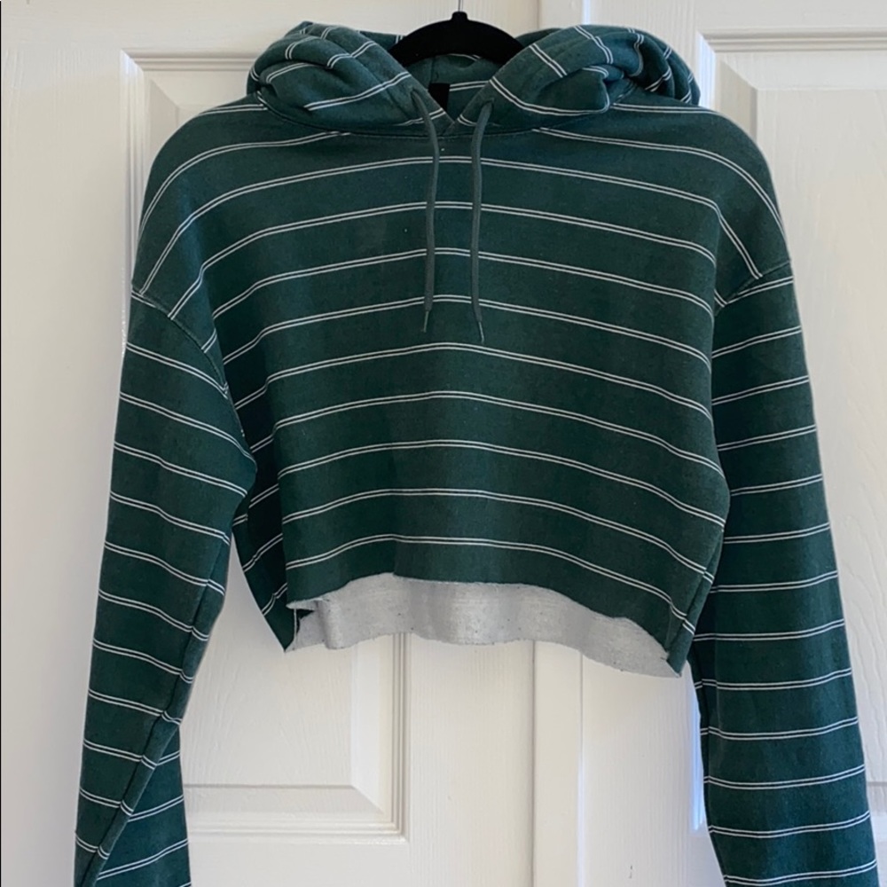 NWOT UO Green Striped Cropped Tie-String Hoodie